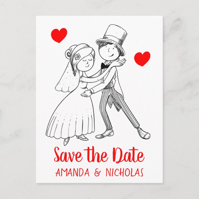 Red Save the Date Wedding Cartoon Bride Groom Postcard (Front)