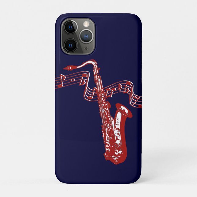 Red Saxophone and notes On Blue Background Case-Mate iPhone Case (Back)