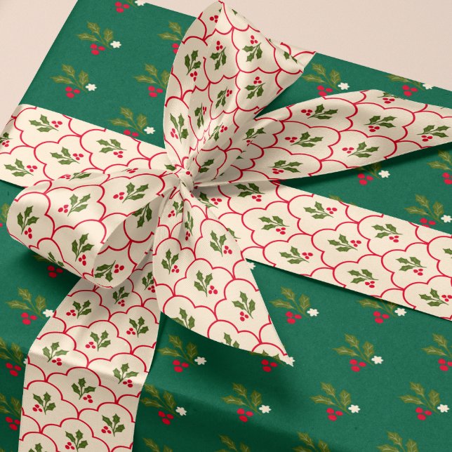 Red Scallop Holly Branch and Berries Christmas Satin Ribbon (Cream color grand millennial style ribbon with red scallops and festive Christmas holly sprigs)