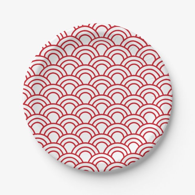 red scallop pattern on a white background paper plate (Front)