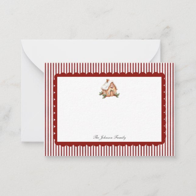 Red Scallop Ticking Stripe Christmas Holiday Card (Front)