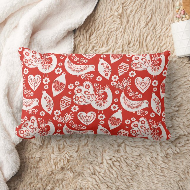 Red Scandinavian Christmas Pattern with Birds Lumbar Cushion (Blanket)