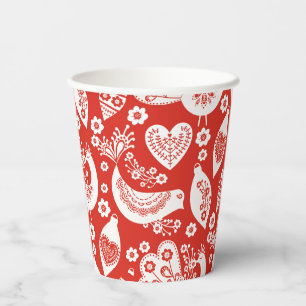 Red Scandinavian Christmas Pattern with Birds Paper Cups