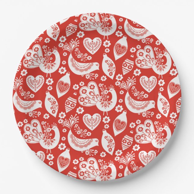Red Scandinavian Christmas Pattern with Birds Paper Plate (Front)
