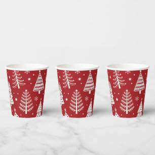 Red Scandinavian Christmas Trees Nordic Folk Art Paper Cups
