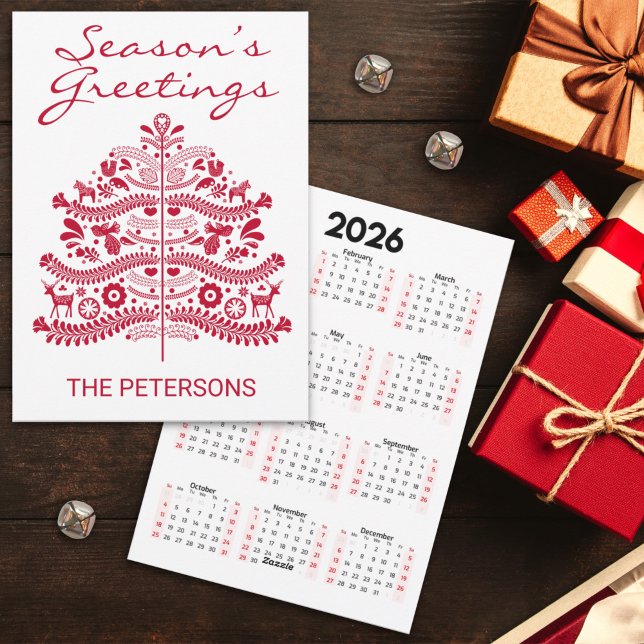 Red Scandinavian Folk Art Christmas Tree Calendar Holiday Card (Creator Uploaded)