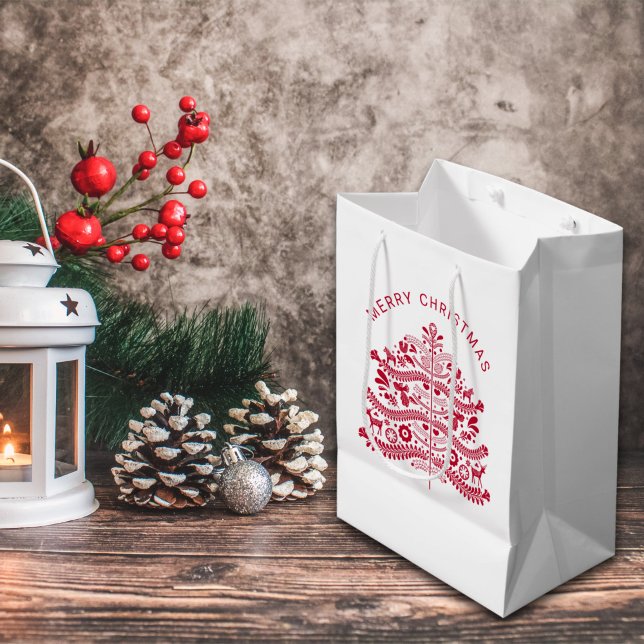 Red Scandinavian Folk Art Christmas Tree Medium Gift Bag (Creator Uploaded)