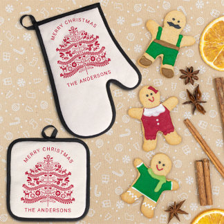 Red Scandinavian Folk Art Christmas Tree Oven Mitt & Pot Holder Set
