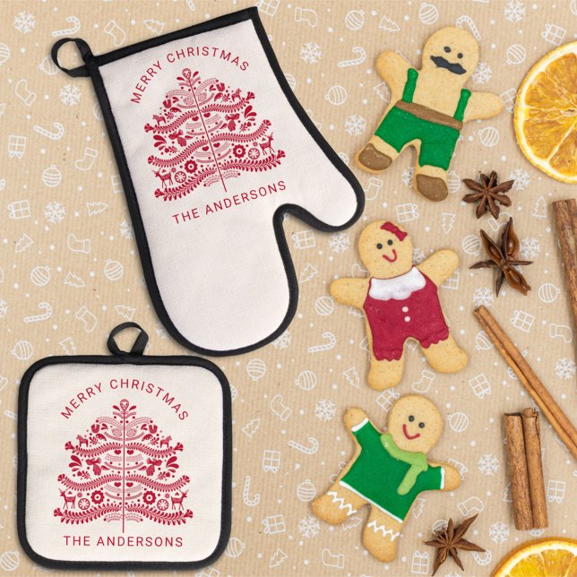 Red Scandinavian Folk Art Christmas Tree Oven Mitt & Pot Holder Set (Creator Uploaded)