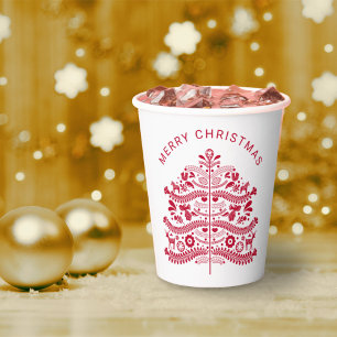 Red Scandinavian Folk Art Christmas Tree Paper Cups