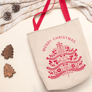 Red Scandinavian Folk Art Christmas Tree Tote Bag