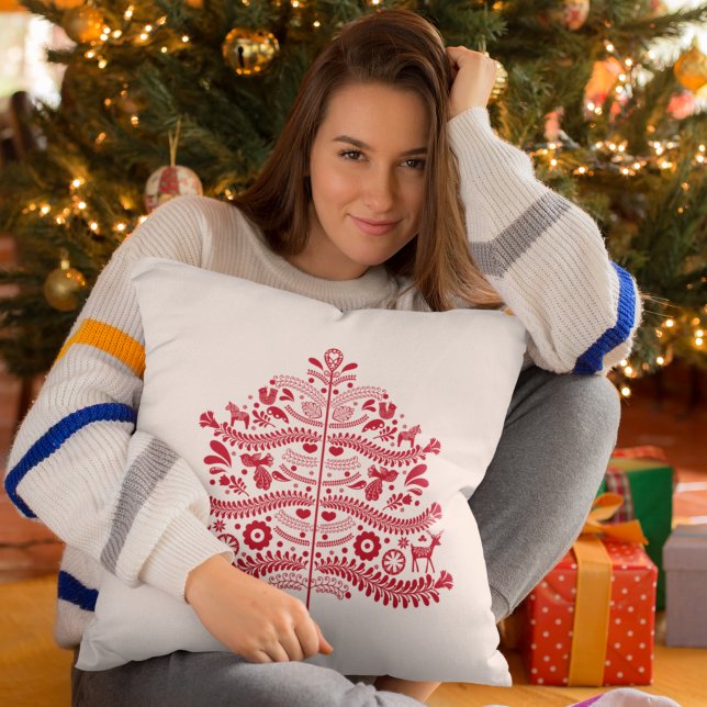 Red Scandinavian Folk Art Nordic Christmas Tree Cushion (Creator Uploaded)