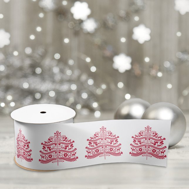 Red Scandinavian Folk Art Nordic Christmas Tree Satin Ribbon (Creator Uploaded)