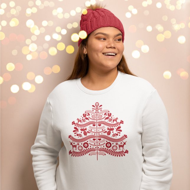 Red Scandinavian Folk Art Nordic Christmas Tree Sweatshirt (Creator Uploaded)