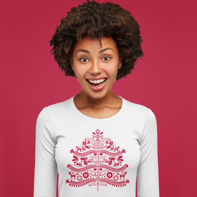 Red Scandinavian Folk Art Nordic Christmas Tree T-Shirt (Creator Uploaded)