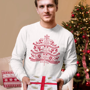 Red Scandinavian Folk Art Nordic Christmas Tree T-Shirt