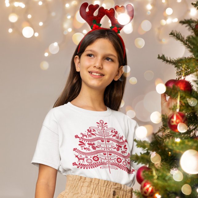 Red Scandinavian Folk Art Nordic Christmas Tree T-Shirt (Creator Uploaded)