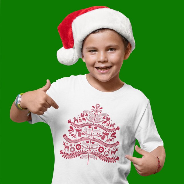 Red Scandinavian Folk Art Nordic Christmas Tree T-Shirt (Creator Uploaded)
