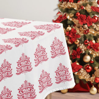 Red Scandinavian Folk Art Nordic Christmas Tree Tablecloth