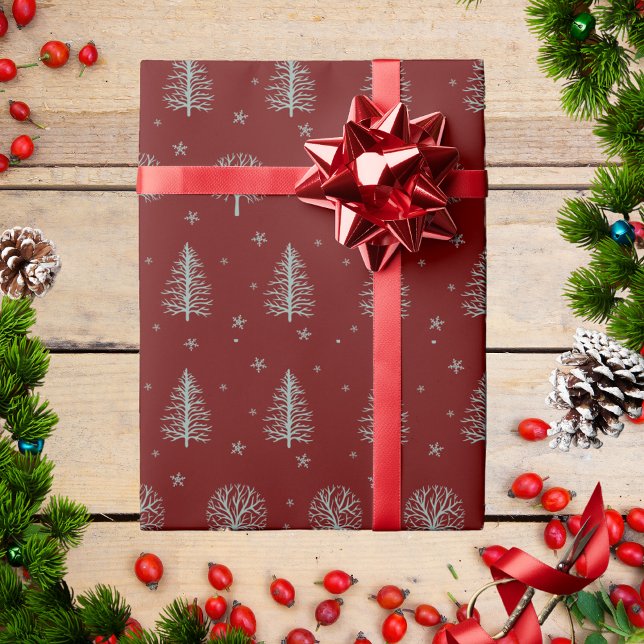 Red Scandinavian Nordic Christmas Trees Snowflakes Wrapping Paper (Creator Uploaded)