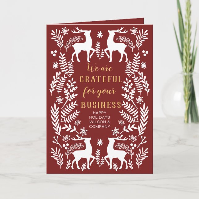 Red Scandinavian Nordic Winter Reindeer Business Holiday Card (Front)