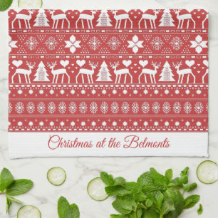 Red Scandinavian Personalised Name Christmas Tea Towel