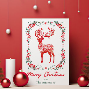 Red Scandinavian Reindeer Elegant Christmas Holiday Card