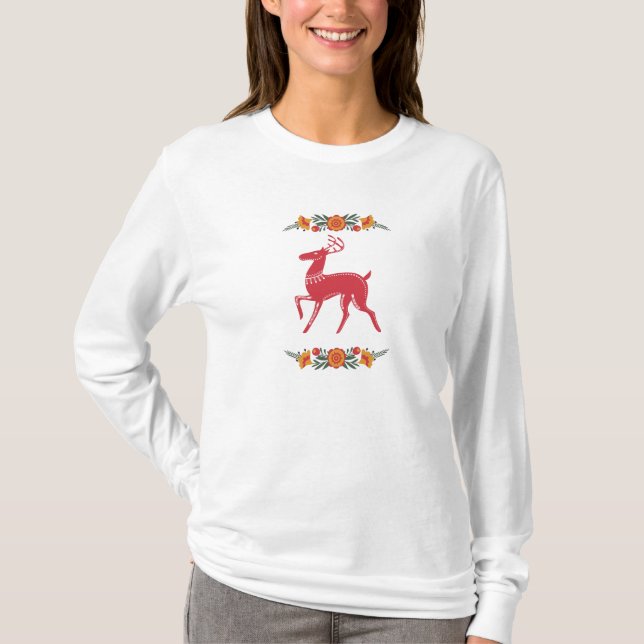 Red Scandinavian Reindeer T-Shirt (Front)