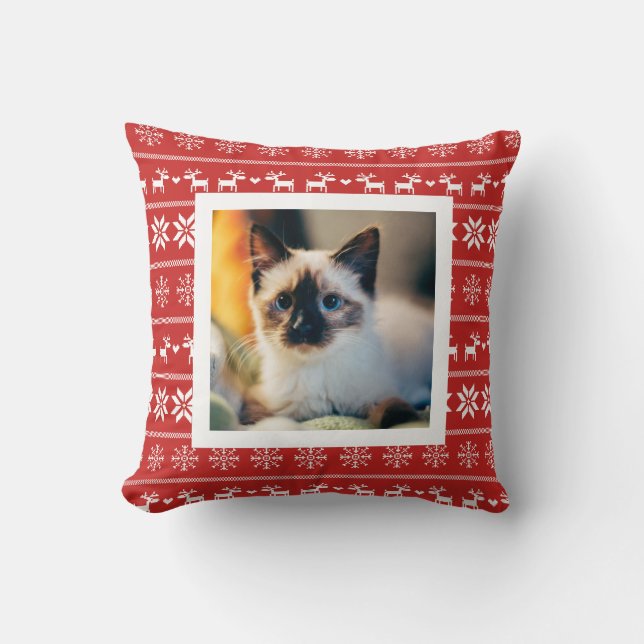 Red Scandinavian Winter Pattern - Add Photo Cushion (Front)
