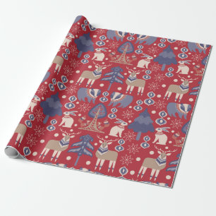 Red Scandinavian Winter Reindeer Rabbit Wrapping Paper