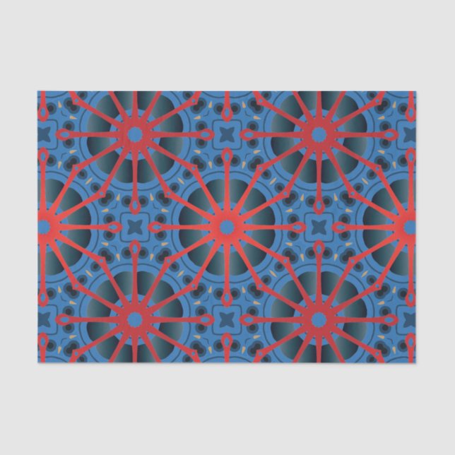 Red Scarlet and Blue Indigo Ethnic Boho Pattern Tissue Paper (Front)