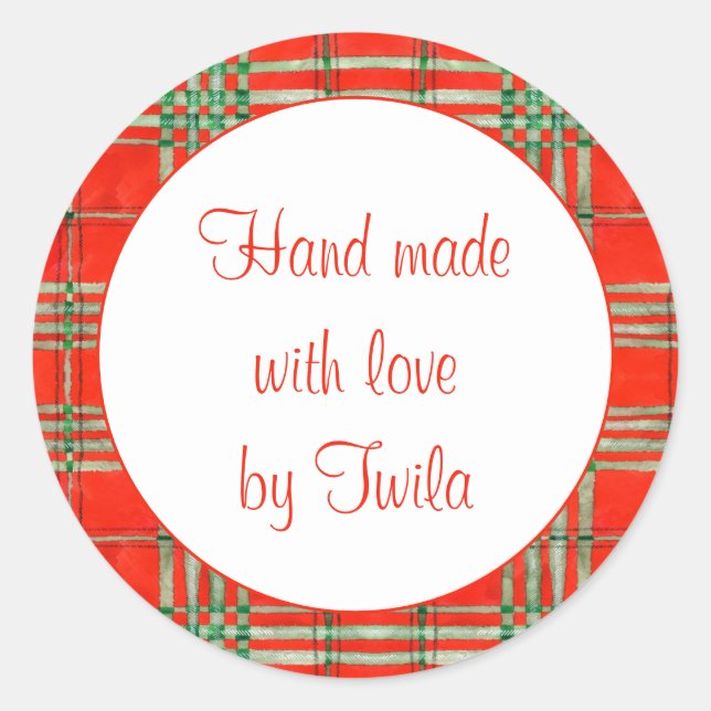 RED SCOTT TARTAN 1.5" Round "Hand Made" Stickers (Front)