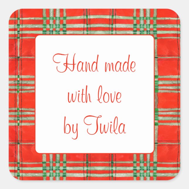 RED SCOTT TARTAN 1.5" Square "Hand Made" Stickers (Front)