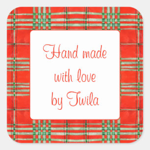 RED SCOTT TARTAN 3" Square "Hand Made" Stickers