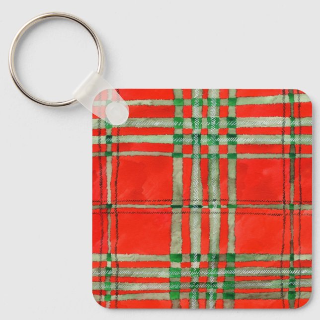 RED SCOTT TARTAN Aluminium Square Keychain (Front)