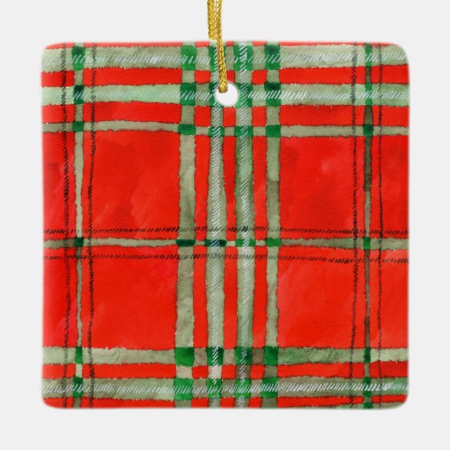 RED SCOTT TARTAN Ceramic Square Ornament (Front)