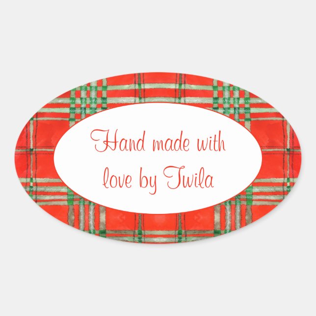 RED SCOTT TARTAN Oval "Hand Made" Stickers (Front)
