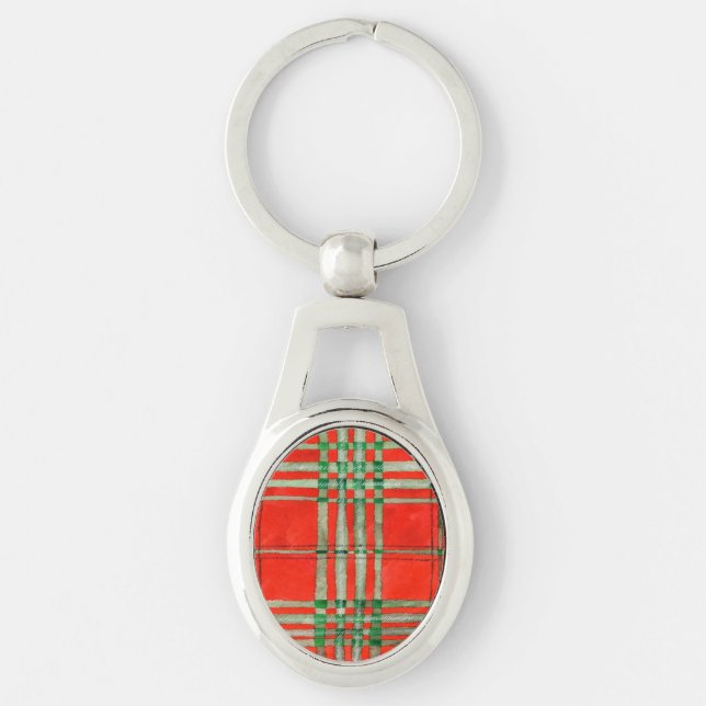 RED SCOTT TARTAN Oval Metal Keychain (Front)