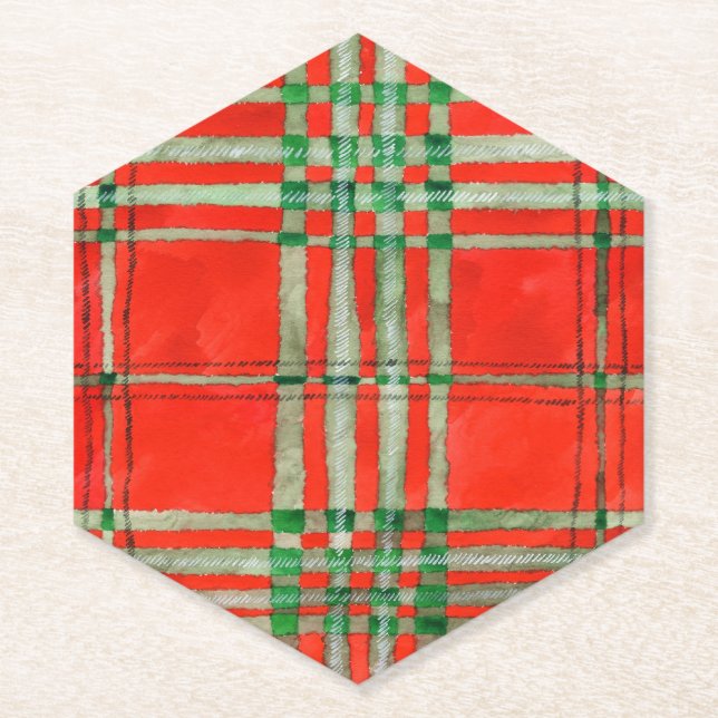 RED SCOTT TARTAN Pointed Hexagon Paper Coasters (Front)