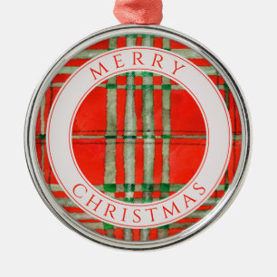 RED SCOTT TARTAN Premium Round Ornament + Text