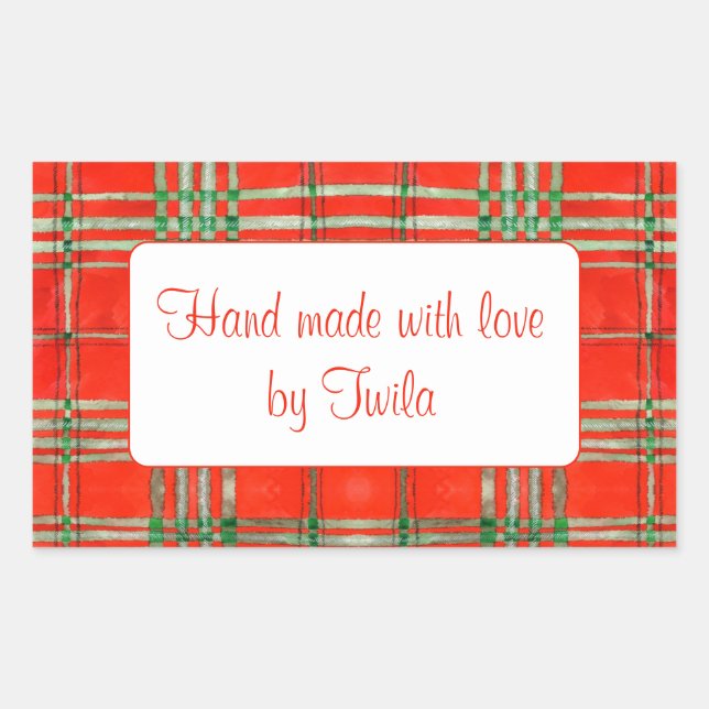 RED SCOTT TARTAN Rectangle "Hand Made" Stickers (Front)