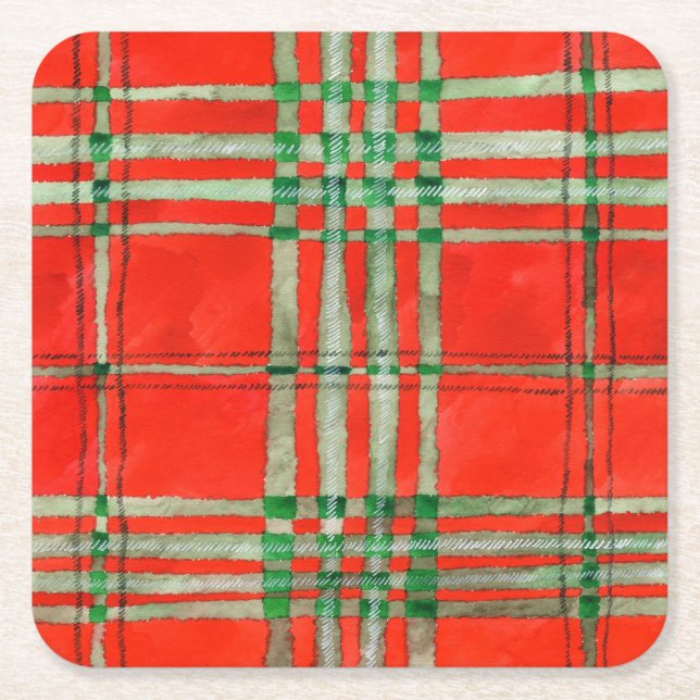 RED SCOTT TARTAN Square Paper Coasters (Front)