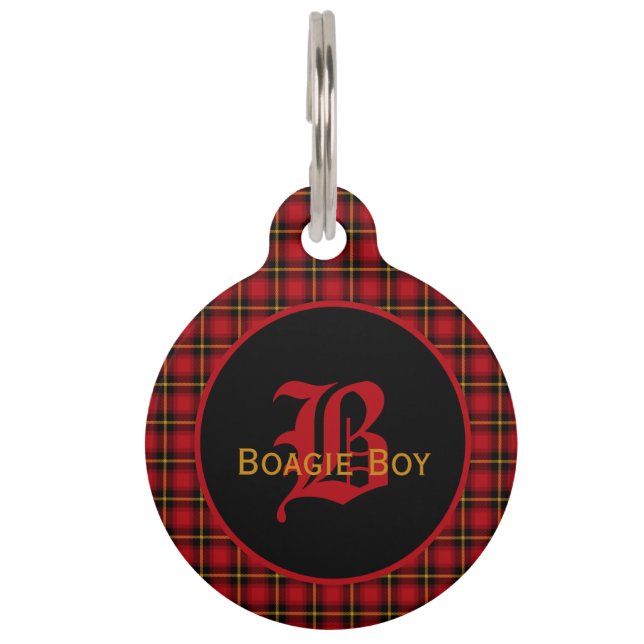 Red Scottish Plaid Monogrammed Large Pet Tag (Front)
