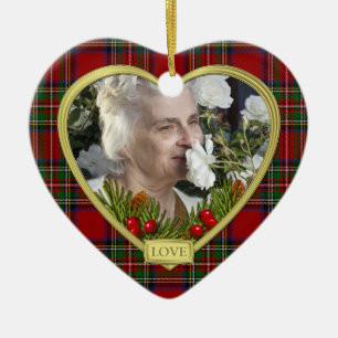 Red Scottish Tartan Memorial Heart Photo Christmas Ceramic Tree Decoration
