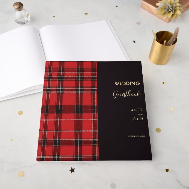 Red Scottish Tartan Wedding  Guest Book (Front Open)