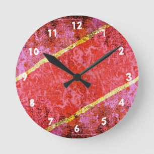 Red scratched background with yellow stripes round clock