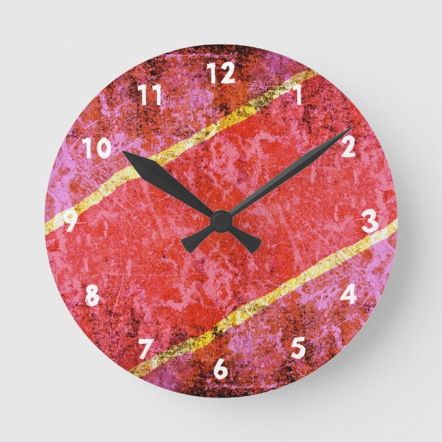 Red scratched background with yellow stripes round clock (Front)