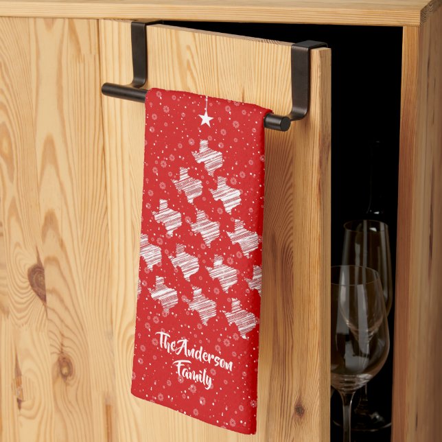 Red Scribbled Texas Christmas Tree Kitchen Towel (Thirds Fold)