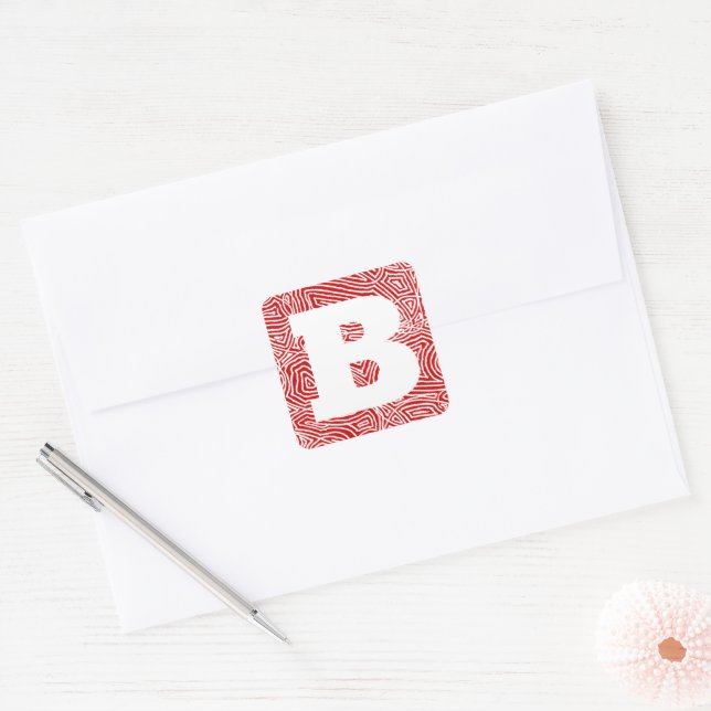 Red Scribbleprint Initial Square Sticker (Envelope)