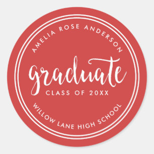 Red Script and White Stripes Graduate Graduation Classic Round Sticker